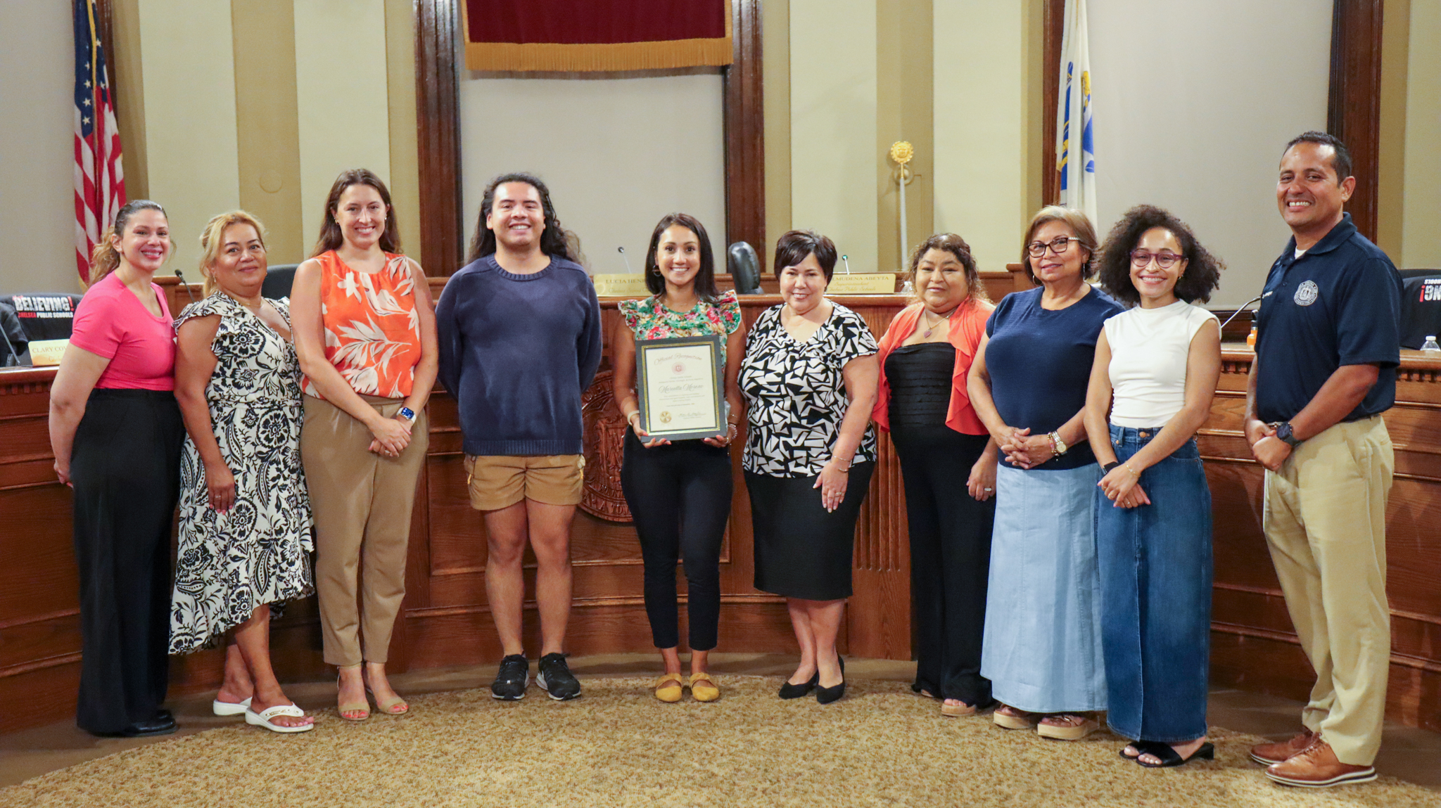 Marcella Moreno pictured with Superintendent Dr. Almi G. Abeyta and the Chelsea School Committee